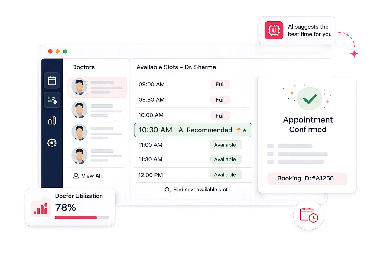 OPD Pilot AI booking dashboard — Doctors list, Available Slots for Dr. Sharma with 10:30 AM AI Recommended, Doctor Utilization 78%, and an Appointment Confirmed card with Booking ID #A1256