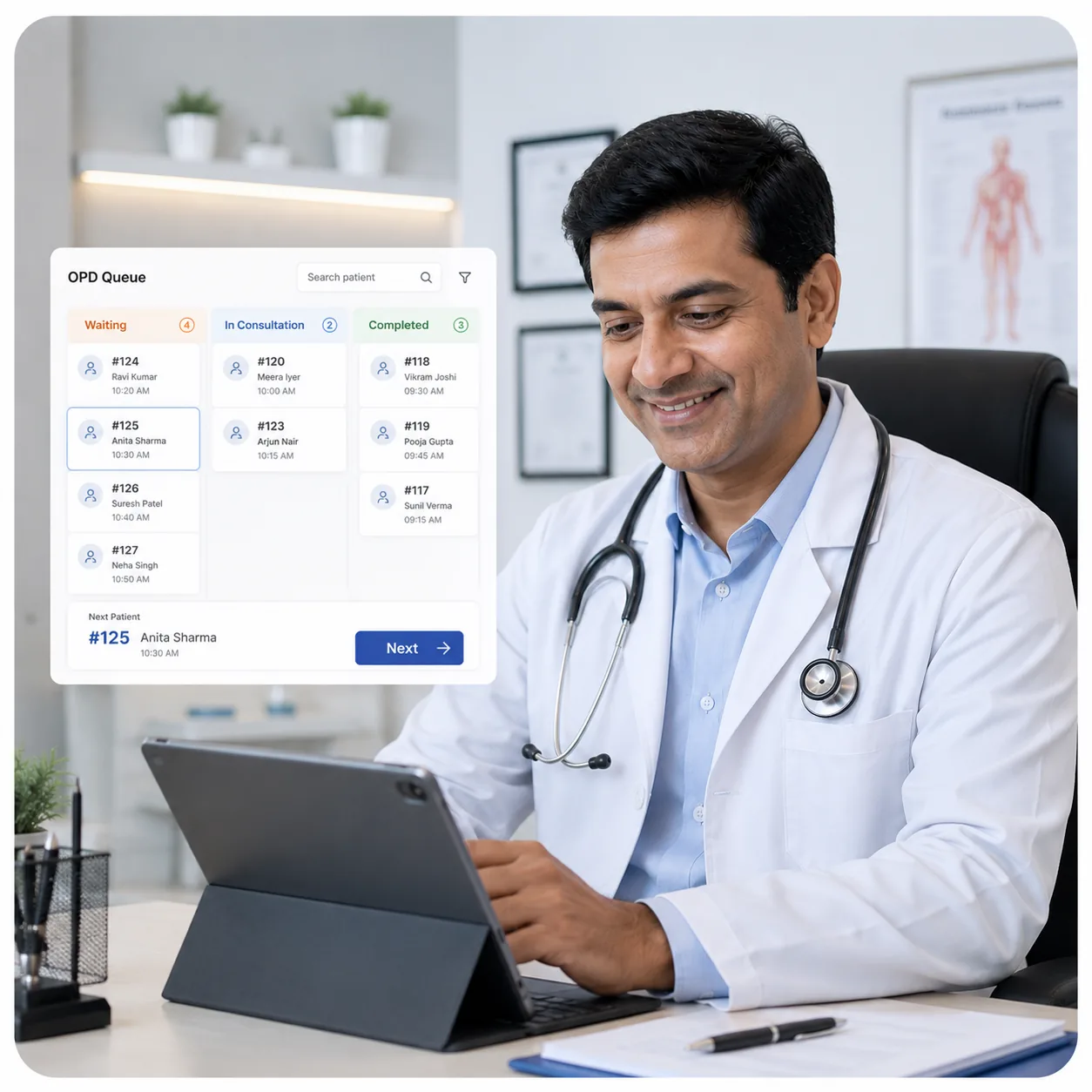 Doctor reviewing the live OPD Queue on his tablet during consultation