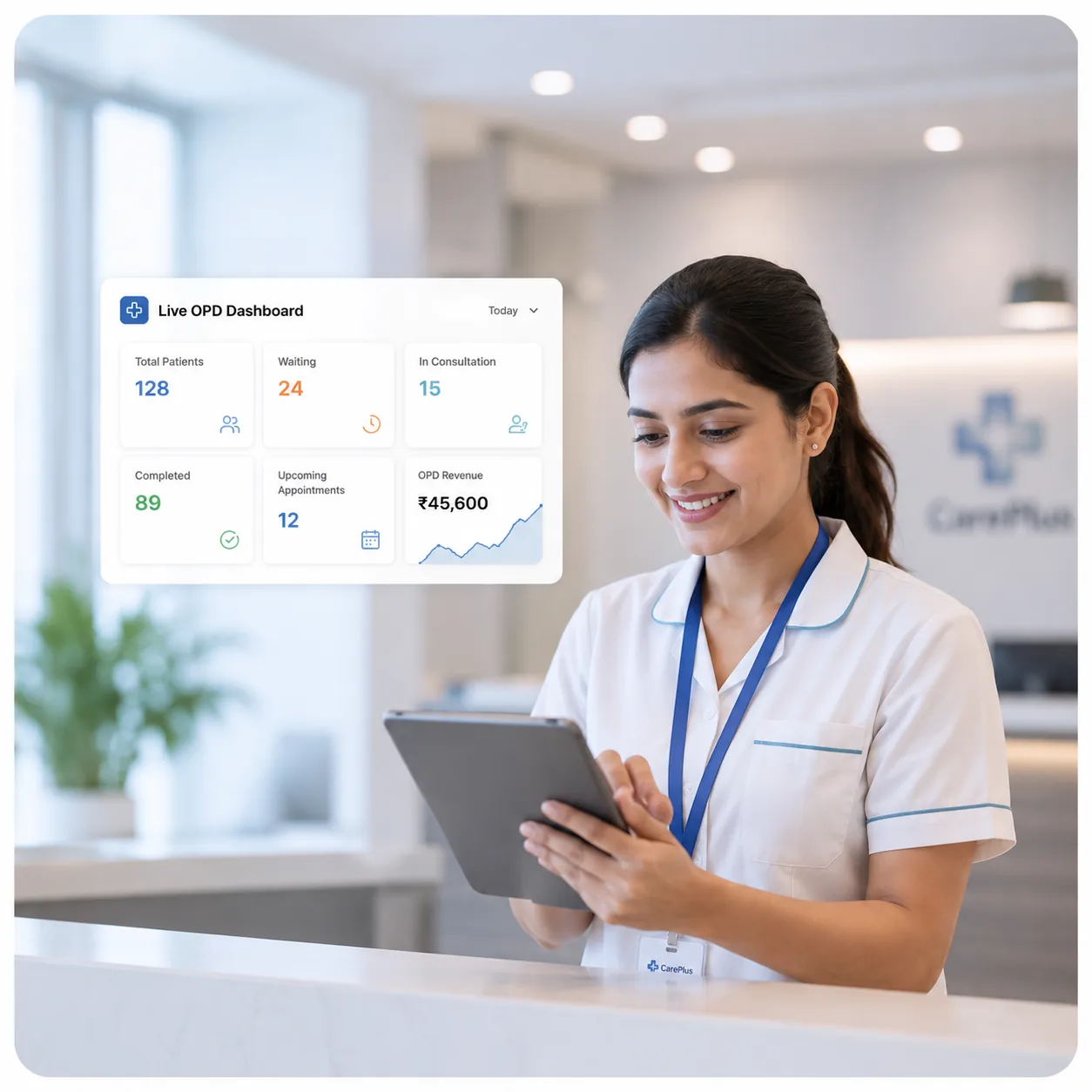 Receptionist calmly using the live OPD dashboard on a tablet at the reception desk