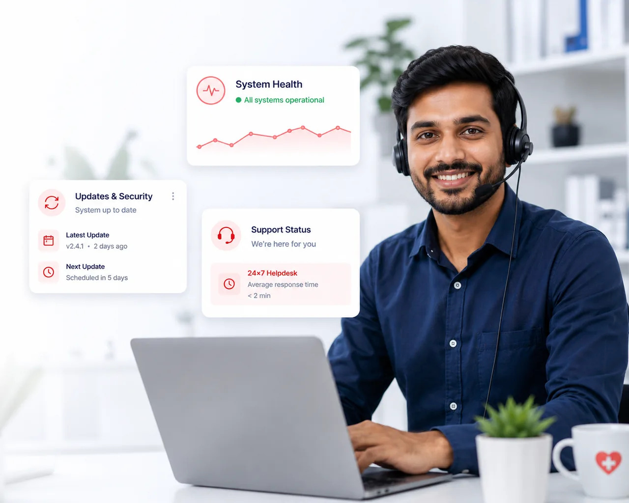 Friendly support specialist on a headset with live System Health, Updates & Security and 24—7 Helpdesk status cards