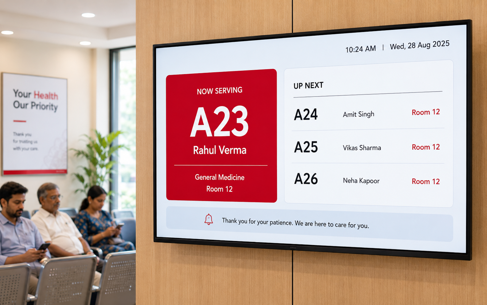 Waiting-room screen showing the now-serving token A23 and the next three patients with room numbers